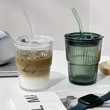 1pc 400ml Stripe Glass with Lid/Straw