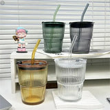 1pc 400ml Stripe Glass with Lid/Straw